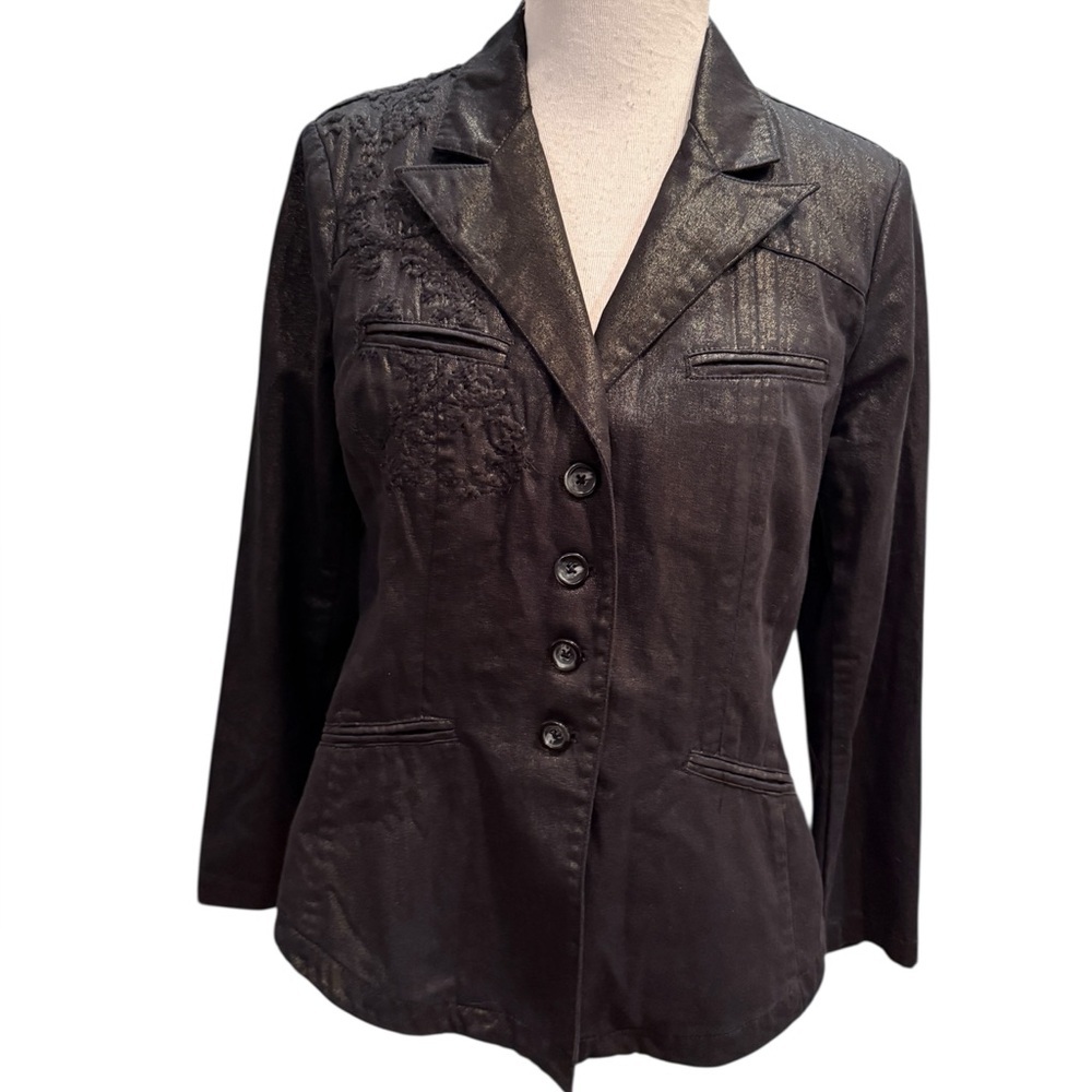 Coldwater Creek Shaped Black And Gold Metallic Textured Blazer Size Size 12